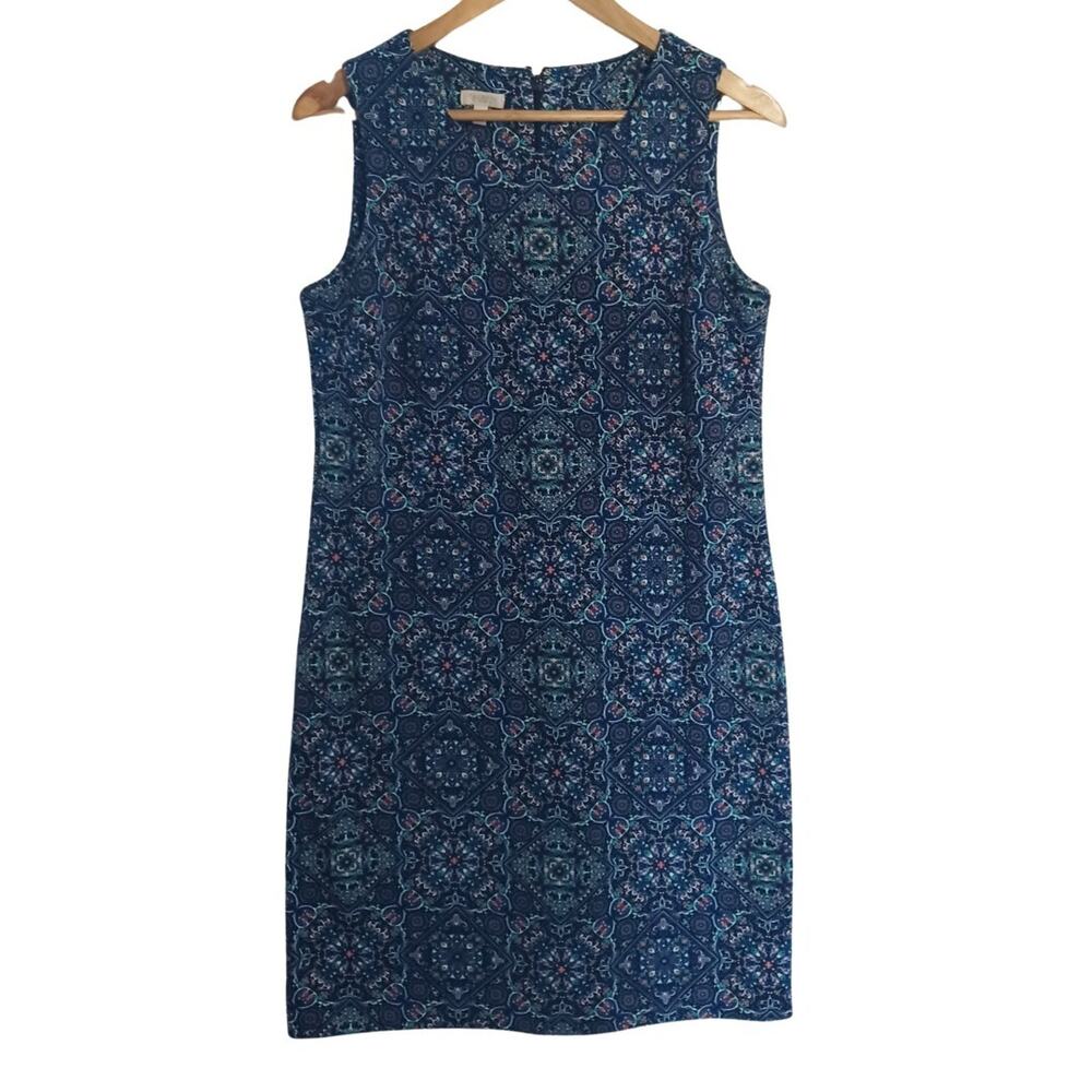 Talbots Sleeveless Sheath Dress Size S Petite Navy Tile Print Knit Zip Back